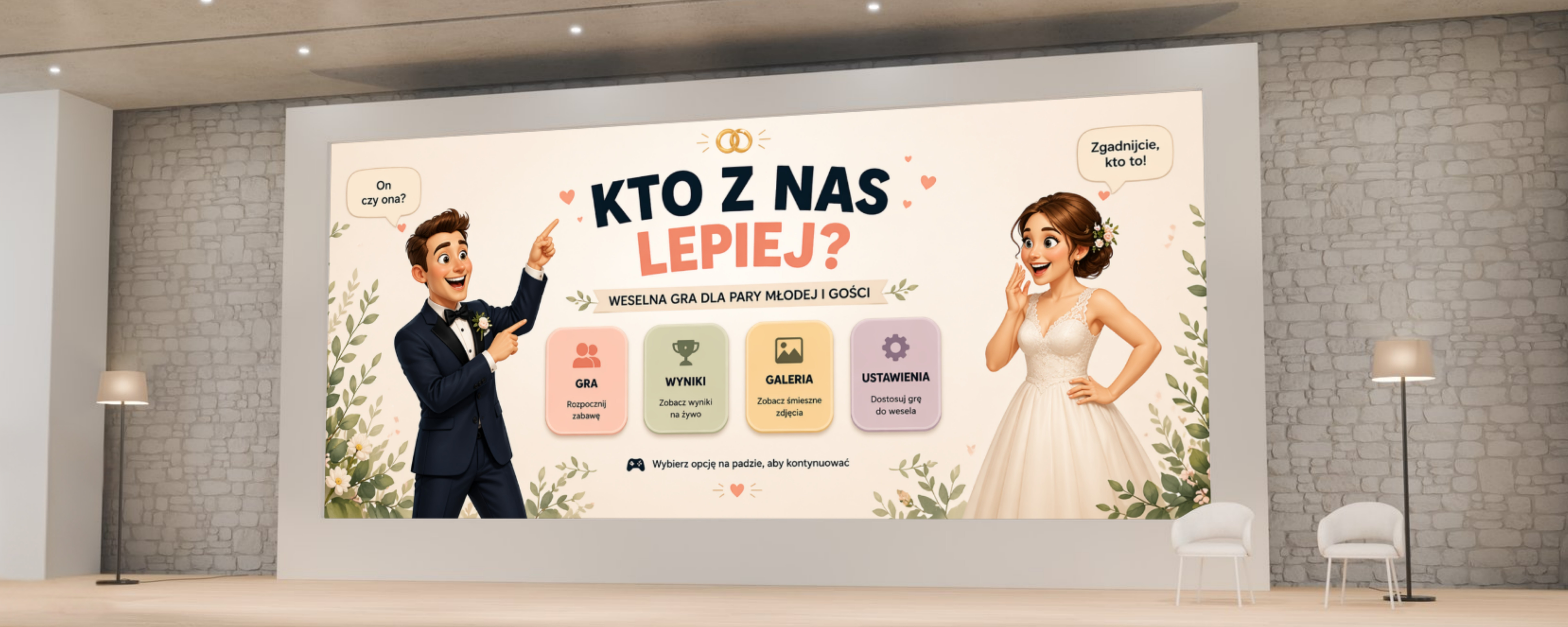 Menu weselnej gry „Kto z nas lepiej?” wyświetlone na dużym ekranie w strefie MyCustoverse